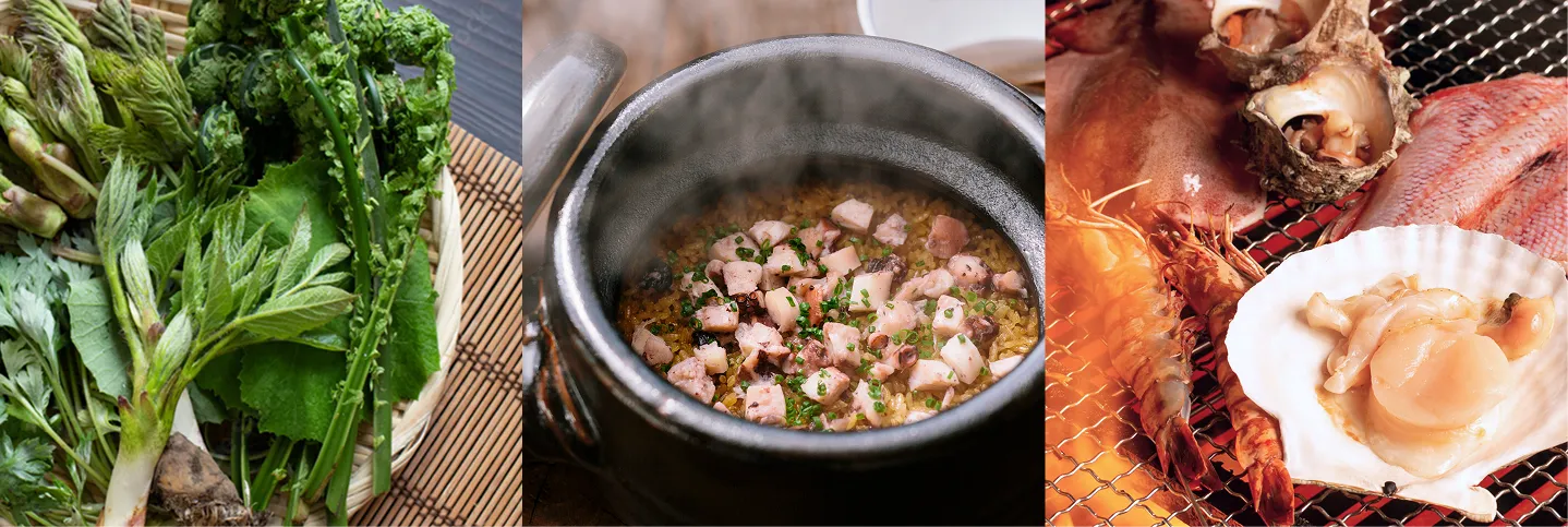 ザルに盛られた新鮮な山菜、湯気が立ち上る土鍋の炊き込みご飯、網の上で香ばしく焼かれる海老やサザエなどの海鮮。